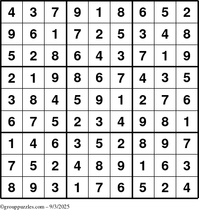 The grouppuzzles.com Answer grid for the Sudoku puzzle for Wednesday September 3, 2025