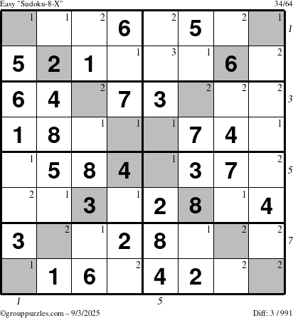 The grouppuzzles.com Easy Sudoku-8-X puzzle for Wednesday September 3, 2025 with all 3 steps marked