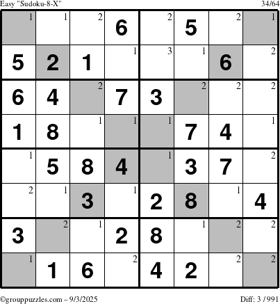 The grouppuzzles.com Easy Sudoku-8-X puzzle for Wednesday September 3, 2025 with the first 3 steps marked