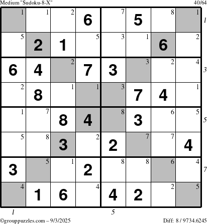 The grouppuzzles.com Medium Sudoku-8-X puzzle for Wednesday September 3, 2025 with all 8 steps marked