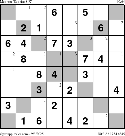 The grouppuzzles.com Medium Sudoku-8-X puzzle for Wednesday September 3, 2025 with the first 3 steps marked
