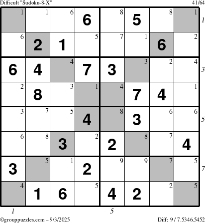 The grouppuzzles.com Difficult Sudoku-8-X puzzle for Wednesday September 3, 2025 with all 9 steps marked