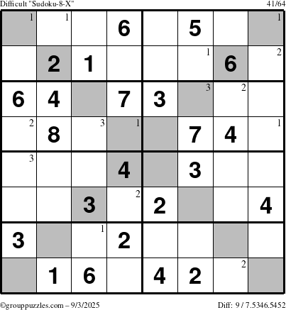 The grouppuzzles.com Difficult Sudoku-8-X puzzle for Wednesday September 3, 2025 with the first 3 steps marked