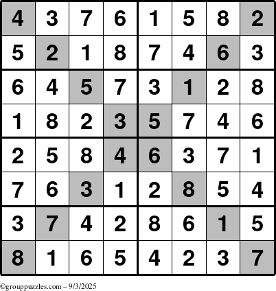 The grouppuzzles.com Answer grid for the Sudoku-8-X puzzle for Wednesday September 3, 2025