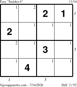 The grouppuzzles.com Easy Sudoku-4 puzzle for Thursday July 16, 2026, suitable for printing, with all 2 steps marked