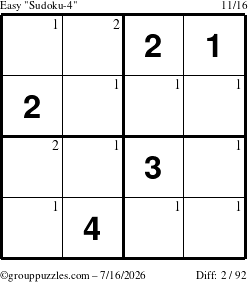 The grouppuzzles.com Easy Sudoku-4 puzzle for Thursday July 16, 2026 with the first 2 steps marked