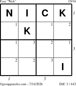 The grouppuzzles.com Easy Nick puzzle for Thursday July 16, 2026, suitable for printing, with all 3 steps marked