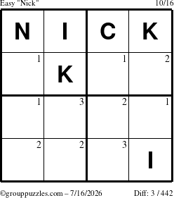 The grouppuzzles.com Easy Nick puzzle for Thursday July 16, 2026 with the first 3 steps marked