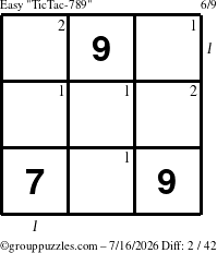 The grouppuzzles.com Easy TicTac-789 puzzle for Thursday July 16, 2026 with all 2 steps marked