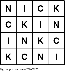 The grouppuzzles.com Answer grid for the Nick puzzle for Thursday July 16, 2026