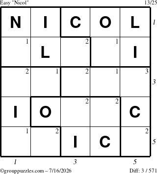 The grouppuzzles.com Easy Nicol puzzle for Thursday July 16, 2026 with all 3 steps marked