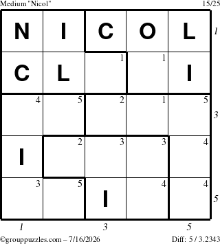 The grouppuzzles.com Medium Nicol puzzle for Thursday July 16, 2026, suitable for printing, with all 5 steps marked