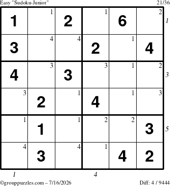 The grouppuzzles.com Easy Sudoku-Junior puzzle for Thursday July 16, 2026, suitable for printing, with all 4 steps marked