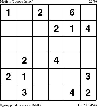 The grouppuzzles.com Medium Sudoku-Junior puzzle for Thursday July 16, 2026