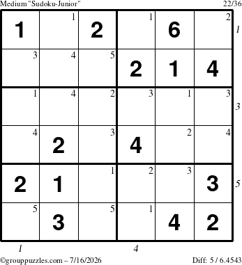 The grouppuzzles.com Medium Sudoku-Junior puzzle for Thursday July 16, 2026, suitable for printing, with all 5 steps marked