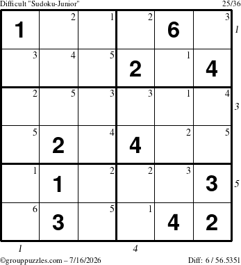 The grouppuzzles.com Difficult Sudoku-Junior puzzle for Thursday July 16, 2026, suitable for printing, with all 6 steps marked