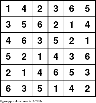 The grouppuzzles.com Answer grid for the Sudoku-Junior puzzle for Thursday July 16, 2026