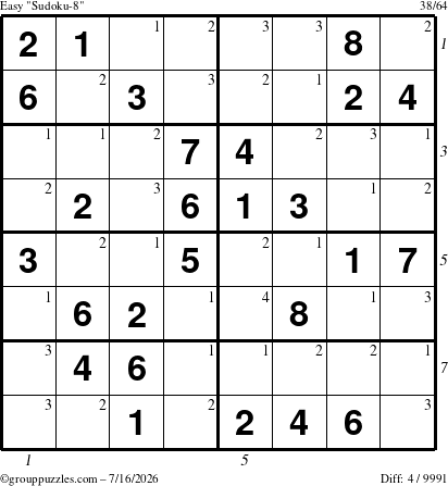 The grouppuzzles.com Easy Sudoku-8 puzzle for Thursday July 16, 2026, suitable for printing, with all 4 steps marked