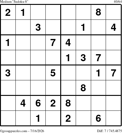 The grouppuzzles.com Medium Sudoku-8 puzzle for Thursday July 16, 2026