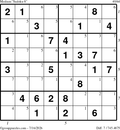 The grouppuzzles.com Medium Sudoku-8 puzzle for Thursday July 16, 2026, suitable for printing, with all 7 steps marked