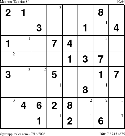 The grouppuzzles.com Medium Sudoku-8 puzzle for Thursday July 16, 2026 with the first 3 steps marked