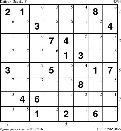 The grouppuzzles.com Difficult Sudoku-8 puzzle for Thursday July 16, 2026 with all 7 steps marked