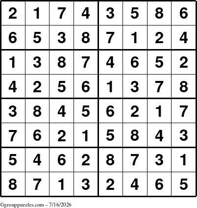 The grouppuzzles.com Answer grid for the Sudoku-8 puzzle for Thursday July 16, 2026