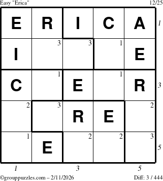 The grouppuzzles.com Easy Erica puzzle for Wednesday February 11, 2026 with all 3 steps marked