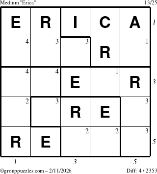 The grouppuzzles.com Medium Erica puzzle for Wednesday February 11, 2026, suitable for printing, with all 4 steps marked