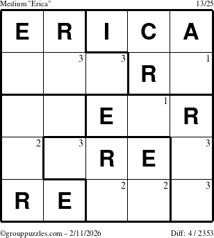 The grouppuzzles.com Medium Erica puzzle for Wednesday February 11, 2026 with the first 3 steps marked