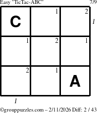 The grouppuzzles.com Easy TicTac-ABC puzzle for Wednesday February 11, 2026, suitable for printing, with all 2 steps marked