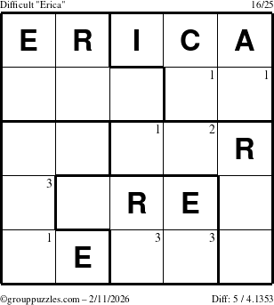 The grouppuzzles.com Difficult Erica puzzle for Wednesday February 11, 2026 with the first 3 steps marked