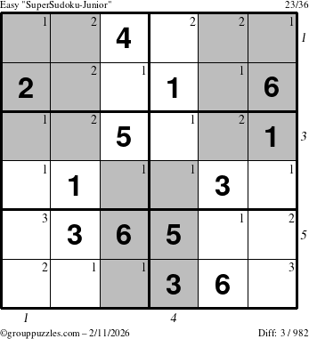 The grouppuzzles.com Easy SuperSudoku-Junior puzzle for Wednesday February 11, 2026, suitable for printing, with all 3 steps marked