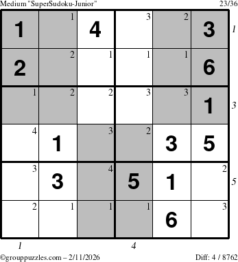The grouppuzzles.com Medium SuperSudoku-Junior puzzle for Wednesday February 11, 2026 with all 4 steps marked