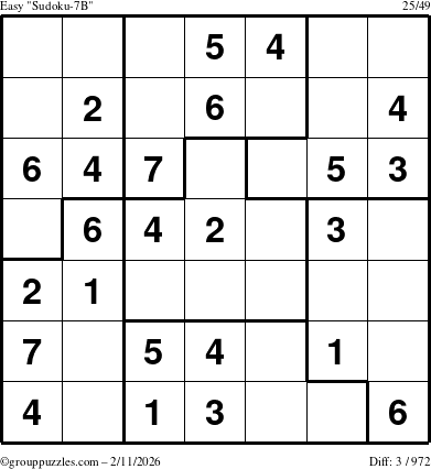 The grouppuzzles.com Easy Sudoku-7B puzzle for Wednesday February 11, 2026