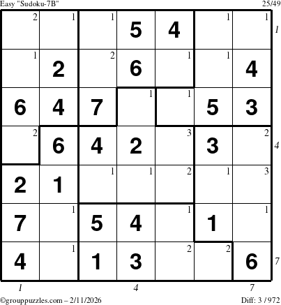 The grouppuzzles.com Easy Sudoku-7B puzzle for Wednesday February 11, 2026, suitable for printing, with all 3 steps marked