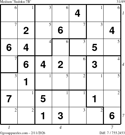 The grouppuzzles.com Medium Sudoku-7B puzzle for Wednesday February 11, 2026 with all 7 steps marked