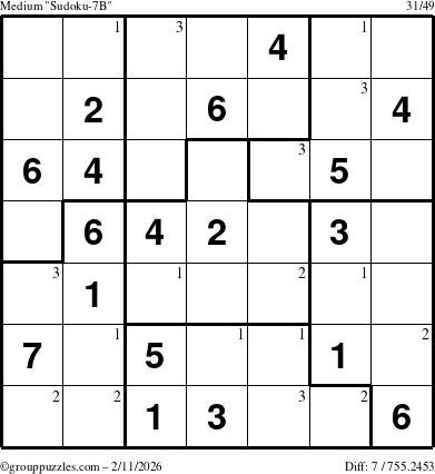 The grouppuzzles.com Medium Sudoku-7B puzzle for Wednesday February 11, 2026 with the first 3 steps marked
