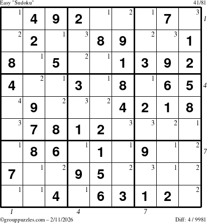 The grouppuzzles.com Easy Sudoku puzzle for Wednesday February 11, 2026, suitable for printing, with all 4 steps marked