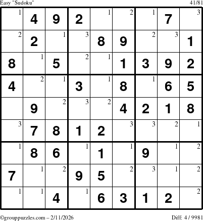 The grouppuzzles.com Easy Sudoku puzzle for Wednesday February 11, 2026 with the first 3 steps marked