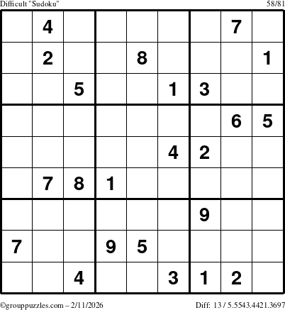 The grouppuzzles.com Difficult Sudoku puzzle for Wednesday February 11, 2026