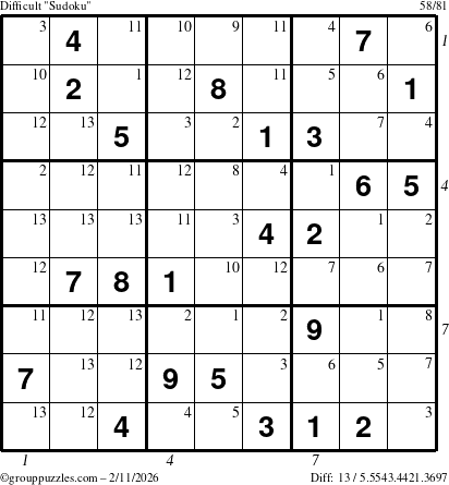 The grouppuzzles.com Difficult Sudoku puzzle for Wednesday February 11, 2026, suitable for printing, with all 13 steps marked