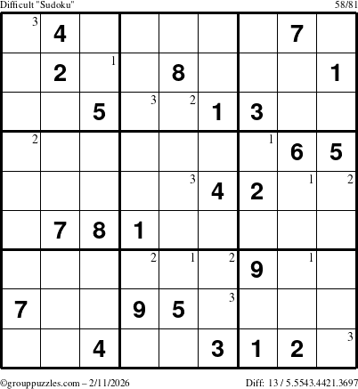 The grouppuzzles.com Difficult Sudoku puzzle for Wednesday February 11, 2026 with the first 3 steps marked