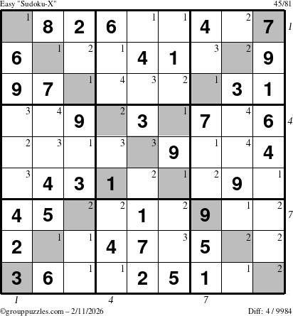 The grouppuzzles.com Easy Sudoku-X puzzle for Wednesday February 11, 2026, suitable for printing, with all 4 steps marked