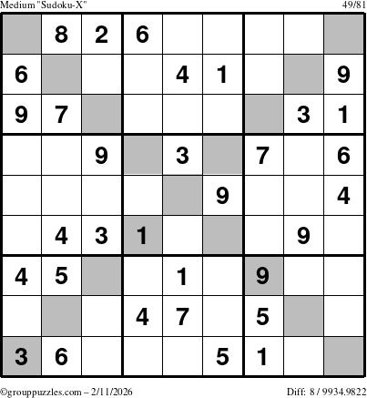 The grouppuzzles.com Medium Sudoku-X puzzle for Wednesday February 11, 2026