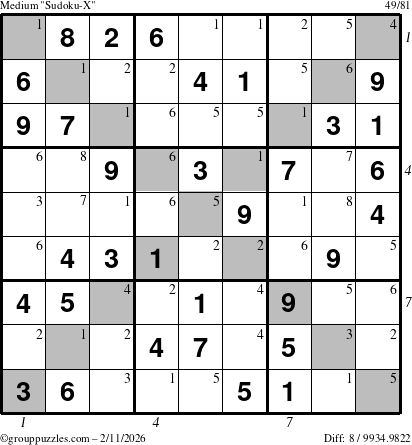 The grouppuzzles.com Medium Sudoku-X puzzle for Wednesday February 11, 2026, suitable for printing, with all 8 steps marked