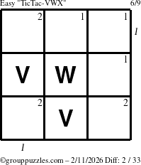 The grouppuzzles.com Easy TicTac-VWX puzzle for Wednesday February 11, 2026, suitable for printing, with all 2 steps marked