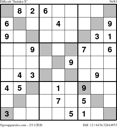 The grouppuzzles.com Difficult Sudoku-X puzzle for Wednesday February 11, 2026