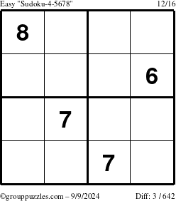 The grouppuzzles.com Easy Sudoku-4-5678 puzzle for Monday September 9, 2024