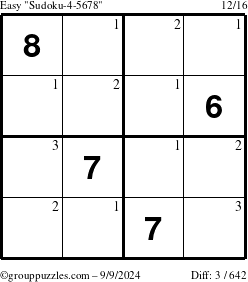 The grouppuzzles.com Easy Sudoku-4-5678 puzzle for Monday September 9, 2024 with the first 3 steps marked